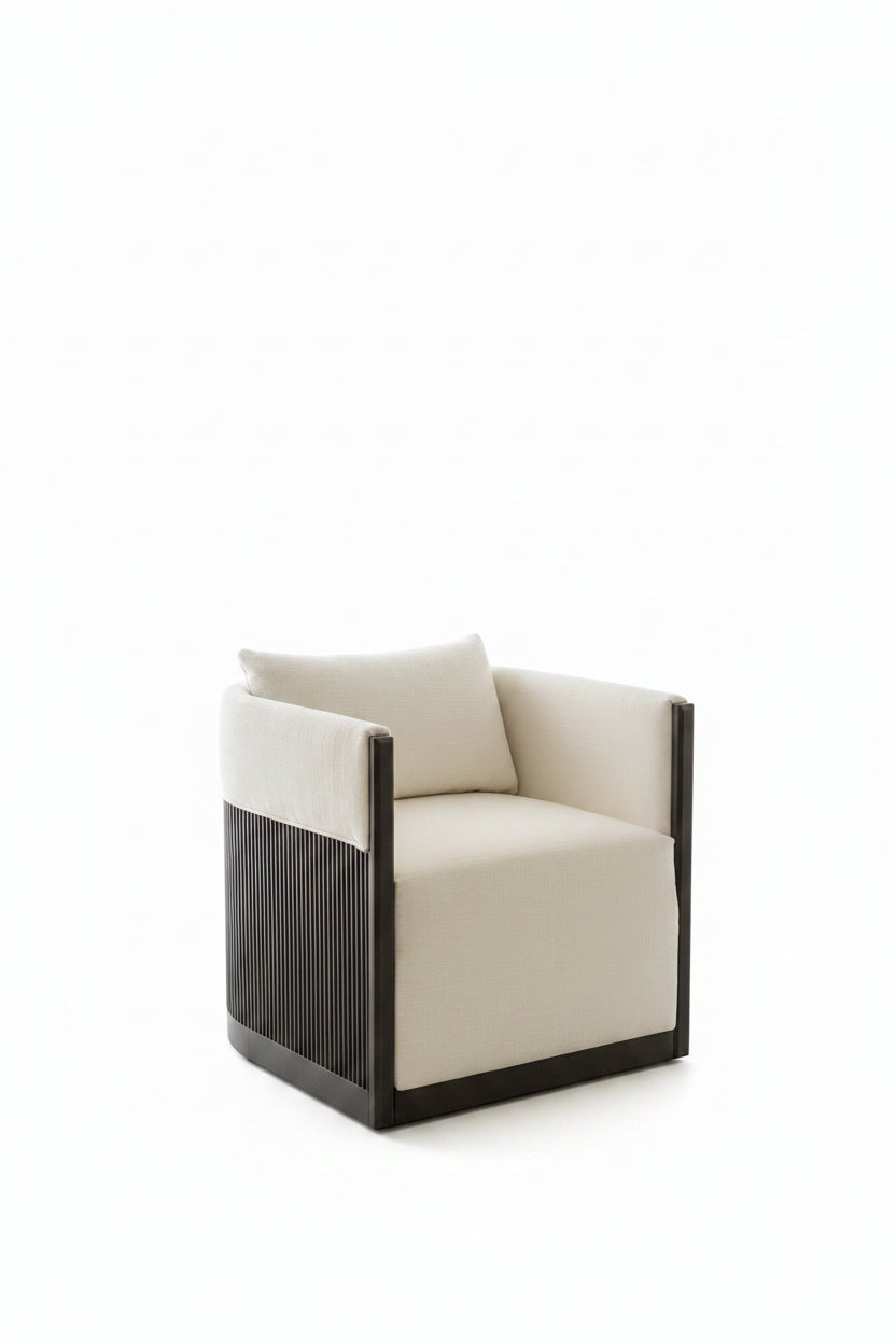 CR Kraton Solid Timber Fabric Upholstered Swivel Armchair