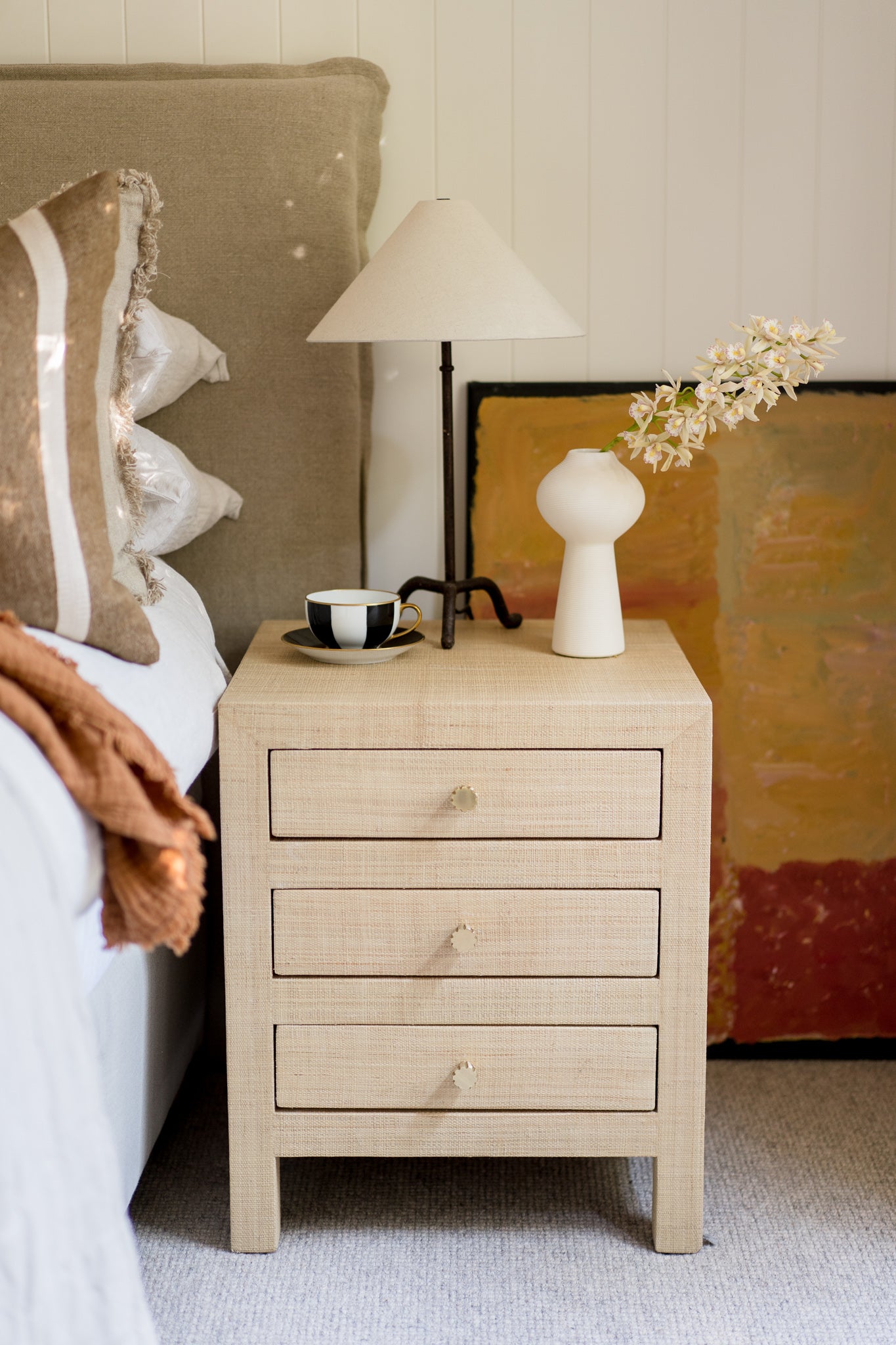 CR Kagu Solid Timber Raffia Finish 3 Drawer Bedside Table