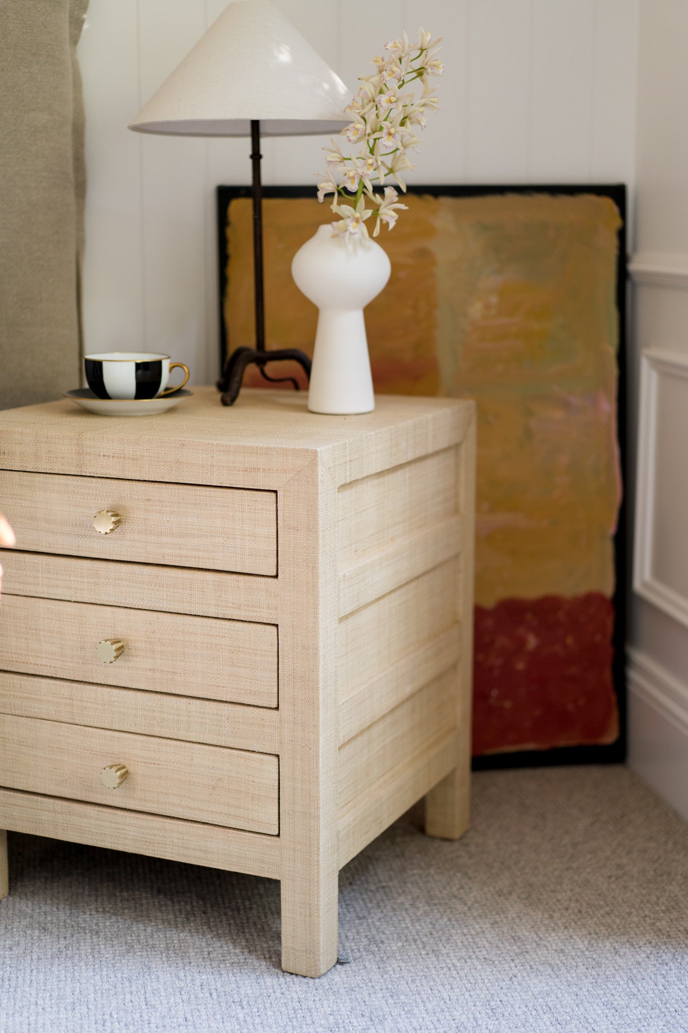 CR Kagu Solid Timber Raffia Finish 3 Drawer Bedside Table