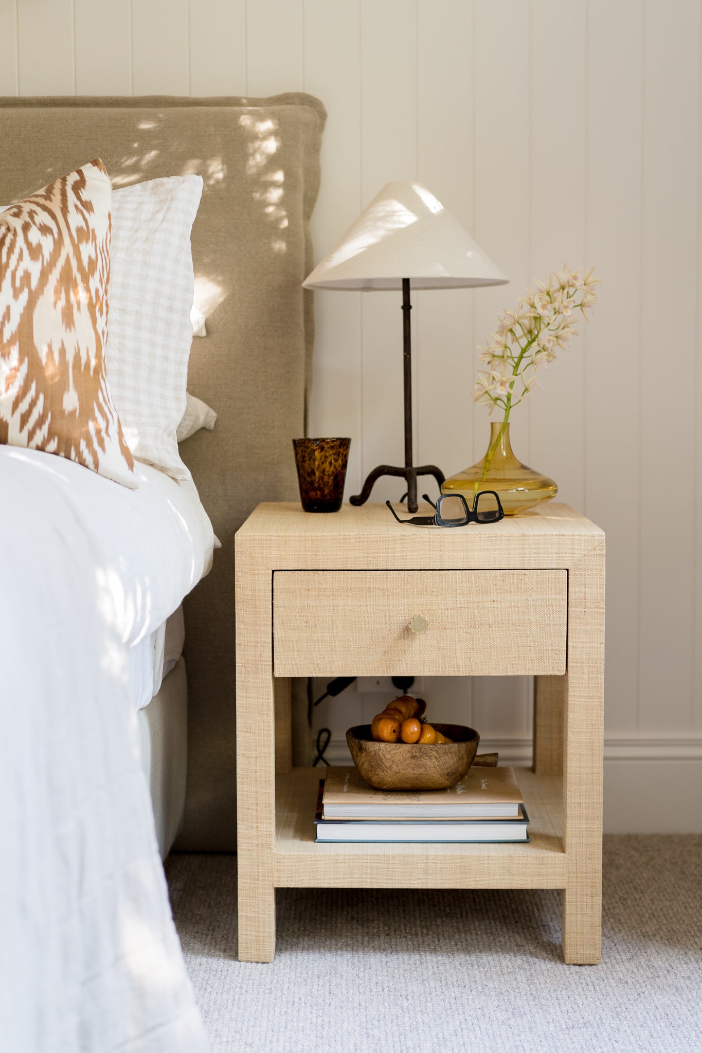 CR Kagu Solid Timber Raffia Finish 1 Drawer Bedside Table
