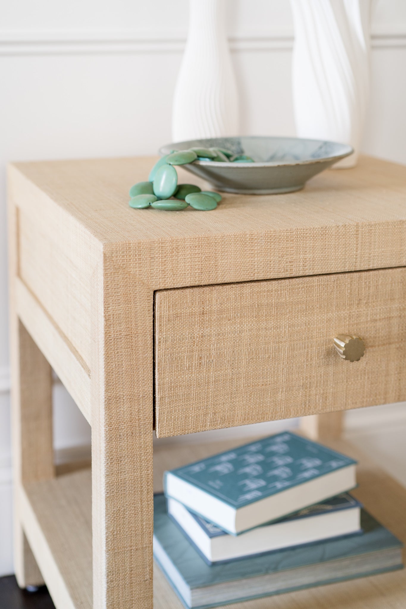 CR Kagu Solid Timber Raffia Finish 1 Drawer Bedside Table