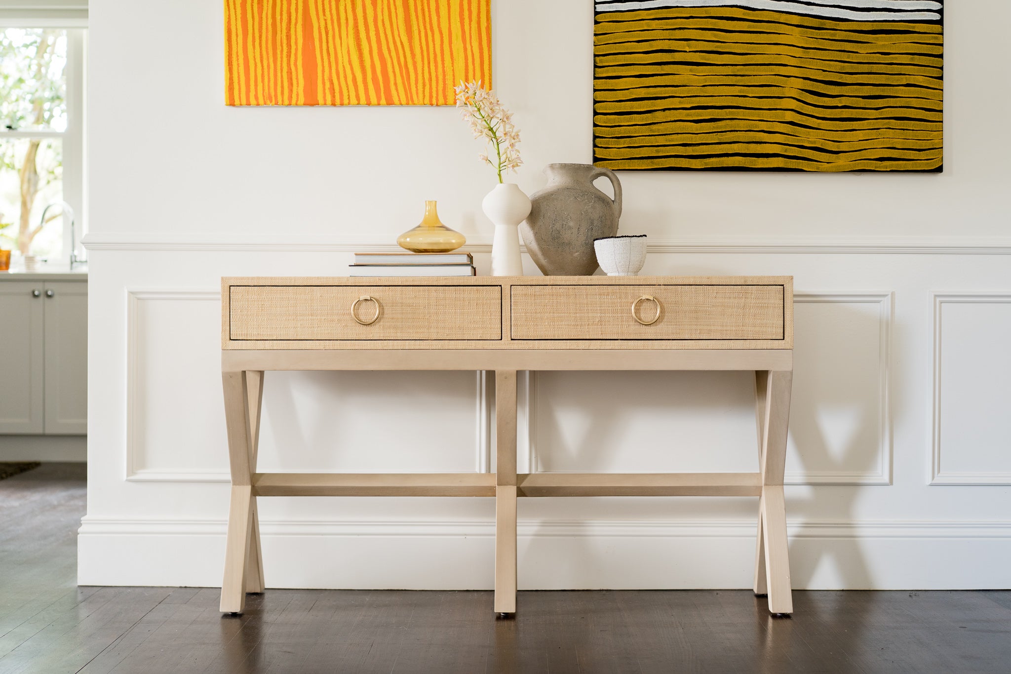 CR Renoir Raffia Solid Timber 2 Drawer Console Table