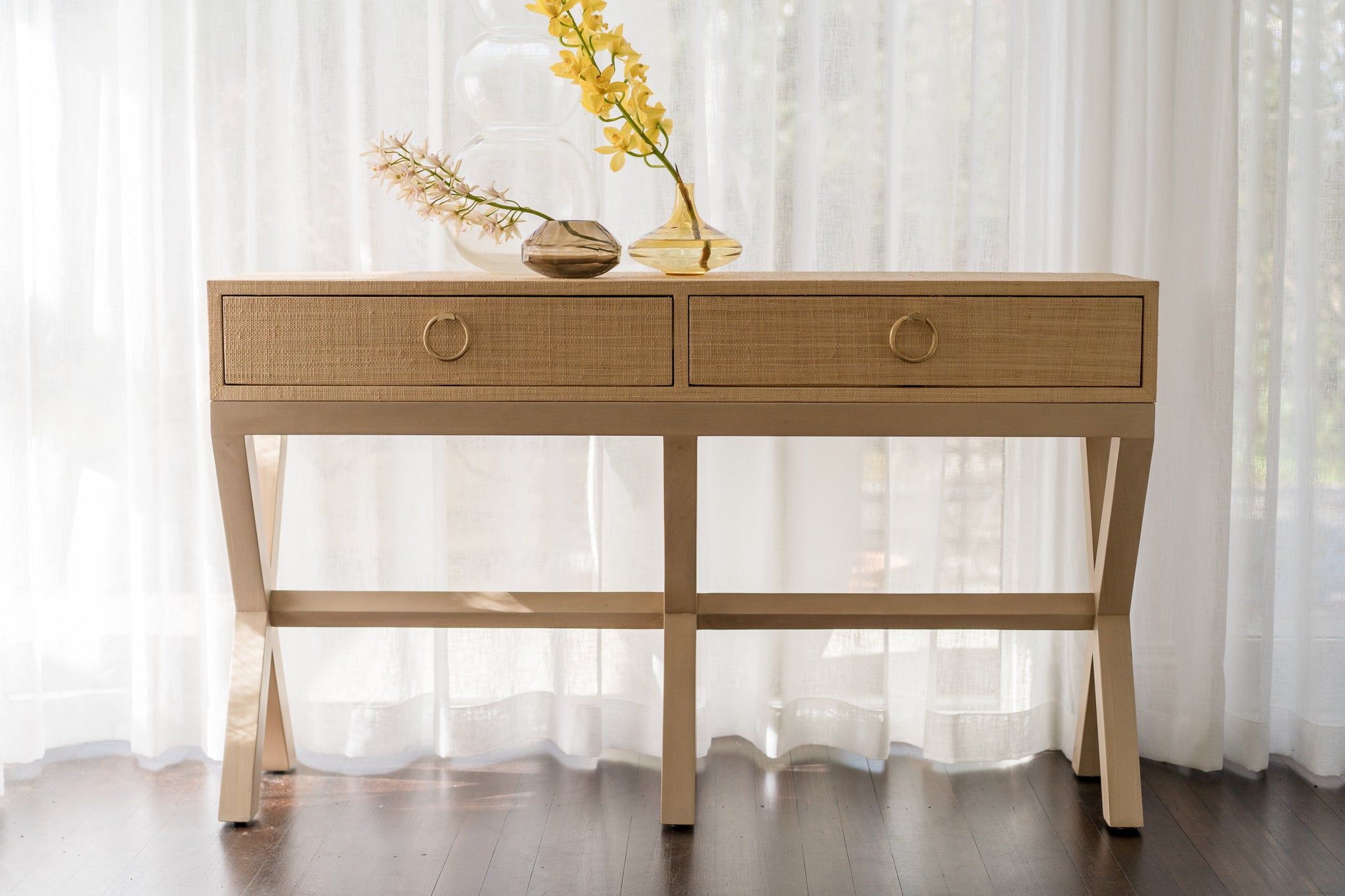 CR Renoir Raffia Solid Timber 2 Drawer Console Table