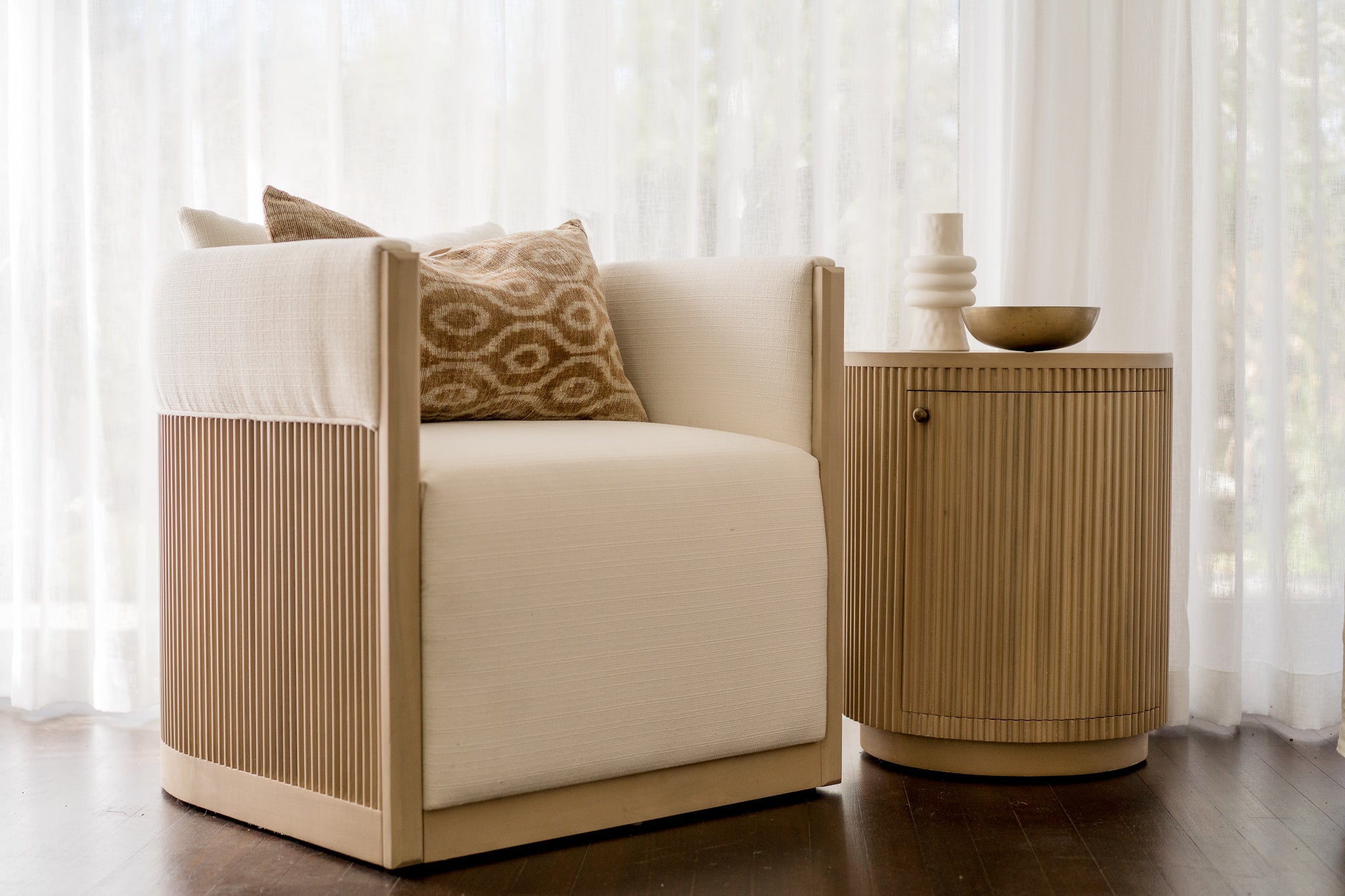 CR Kraton Solid Timber Fabric Upholstered Swivel Armchair
