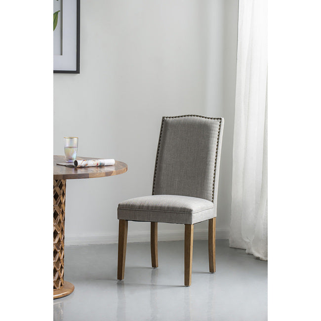 DA Studded Smoky Grey Fabric Upholstered Dining Chair Set of 2
