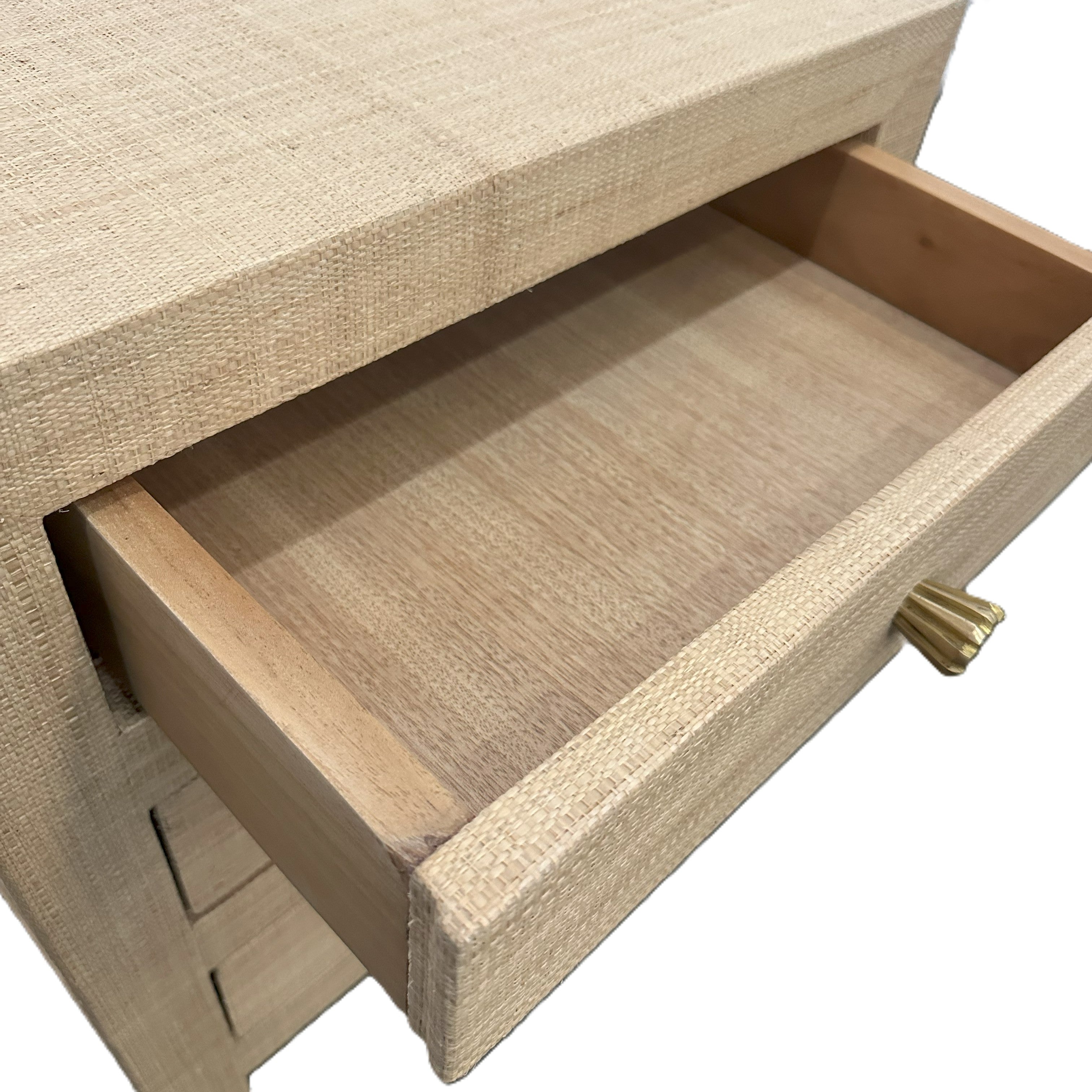 CR Kagu Solid Timber Raffia Finish 3 Drawer Bedside Table