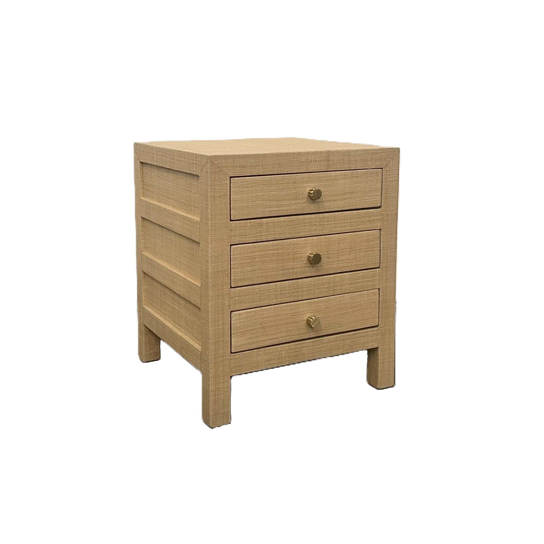 CR Kagu Solid Timber Raffia Finish 3 Drawer Bedside Table