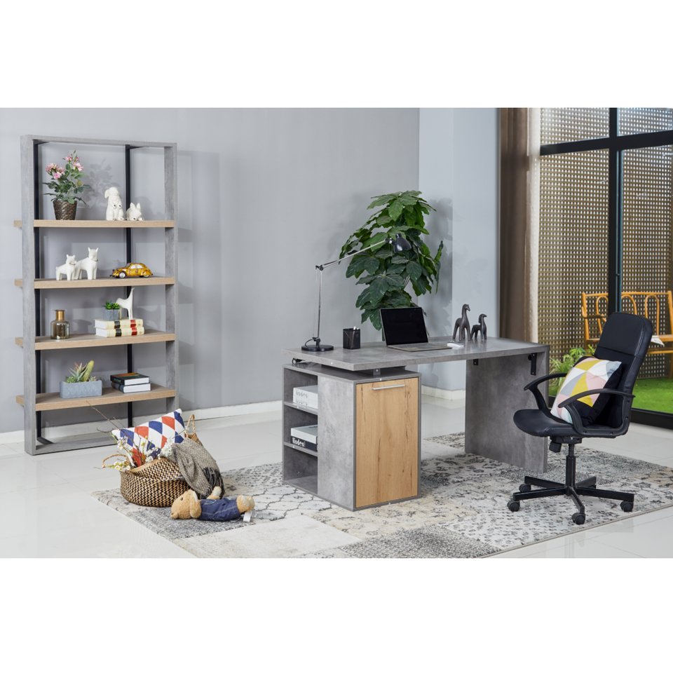 HE  Tarpeian Melamine Home Office Desk with 3 Open Shelves and a Cabinet