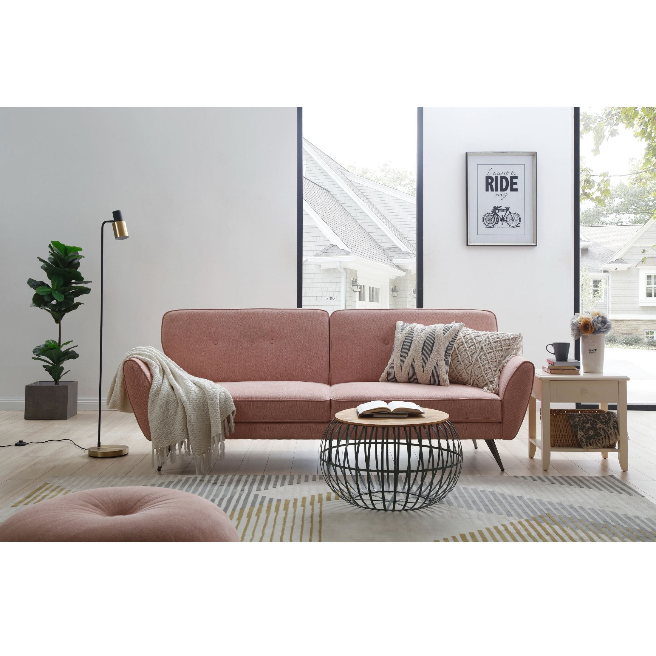 HE Elena Fabric Upholstered Metal Leg 3 Seater Sofa Bed