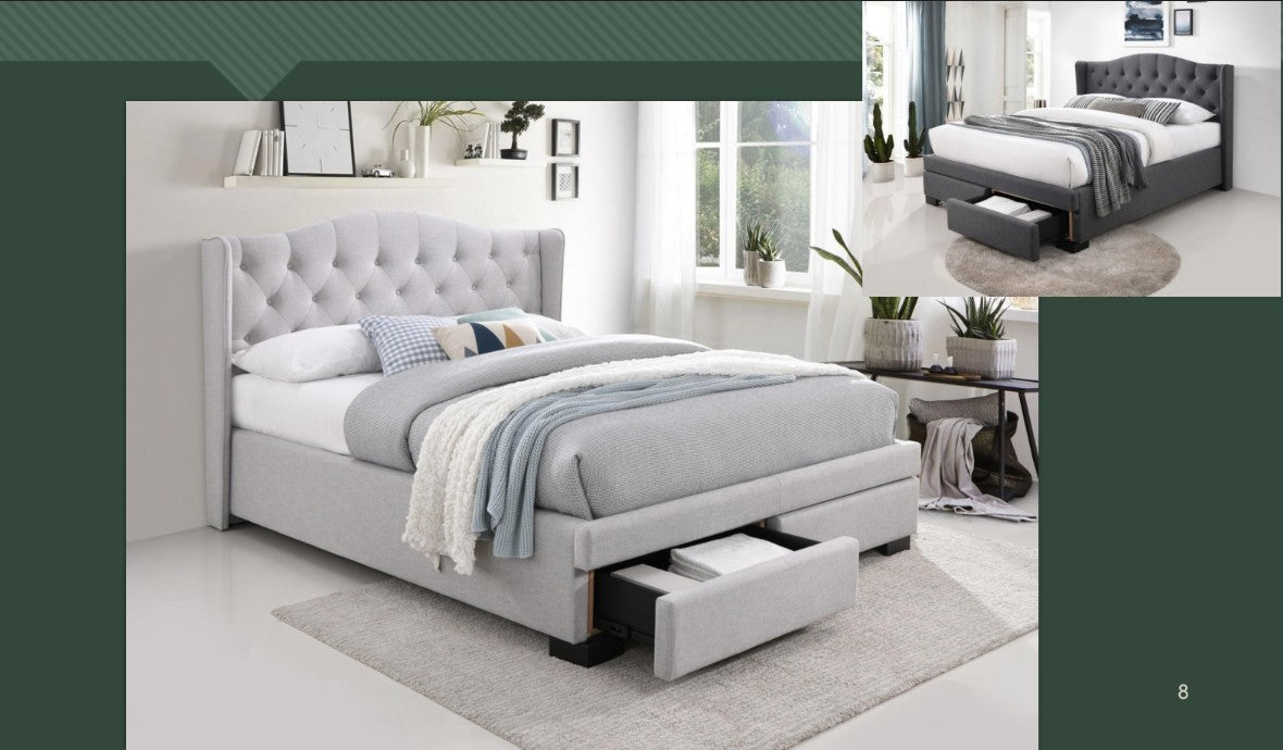 AW Memphis Wing King, Queen Bed with Drawer- Peal Gry & Dk Gry