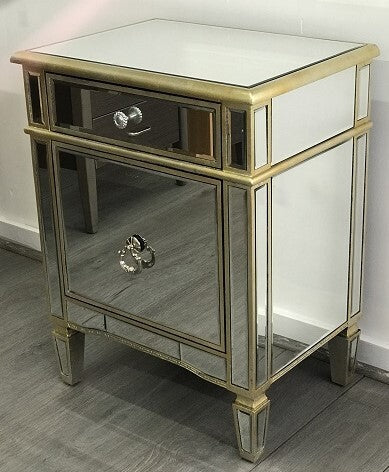 DA Antiqued Mirrored 1 Door 1 Drawer Bedside Table