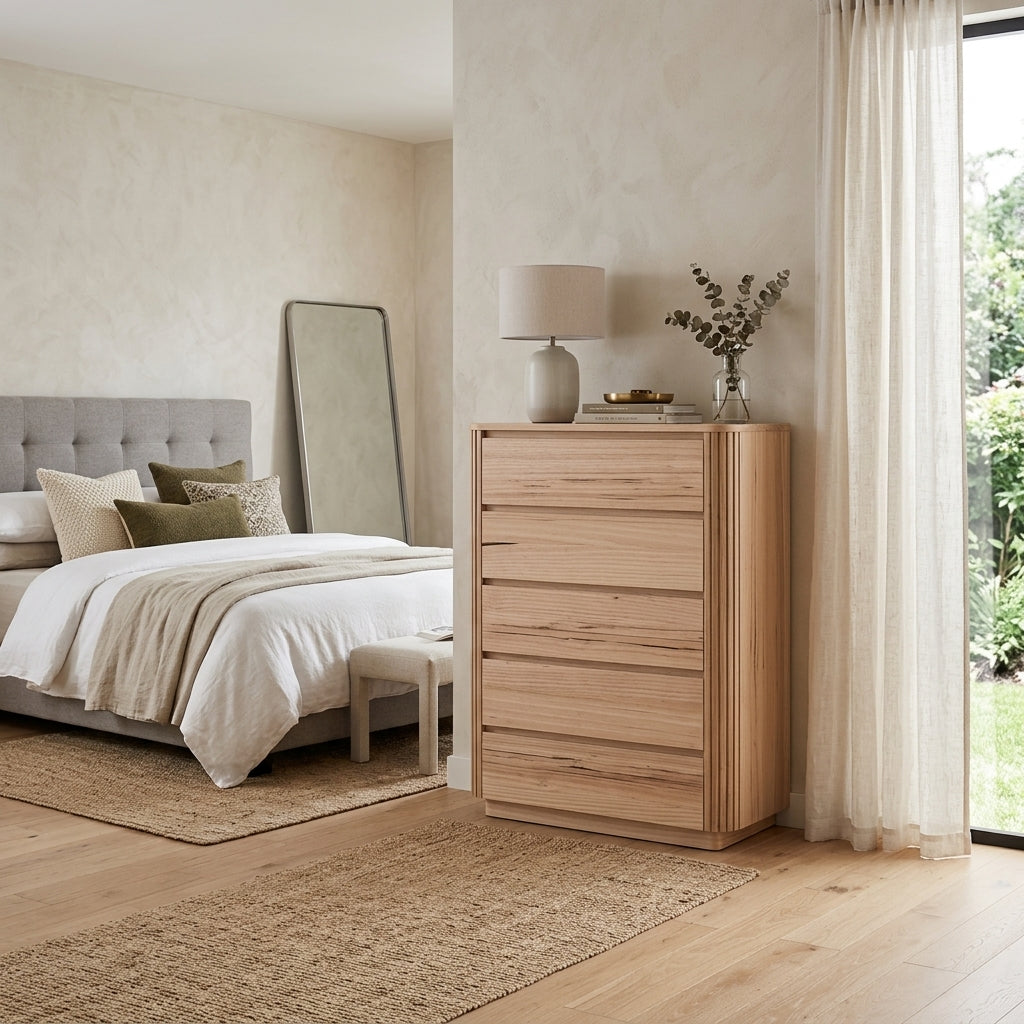 MD Spring Solid Timber 5 Drawer Tallboy