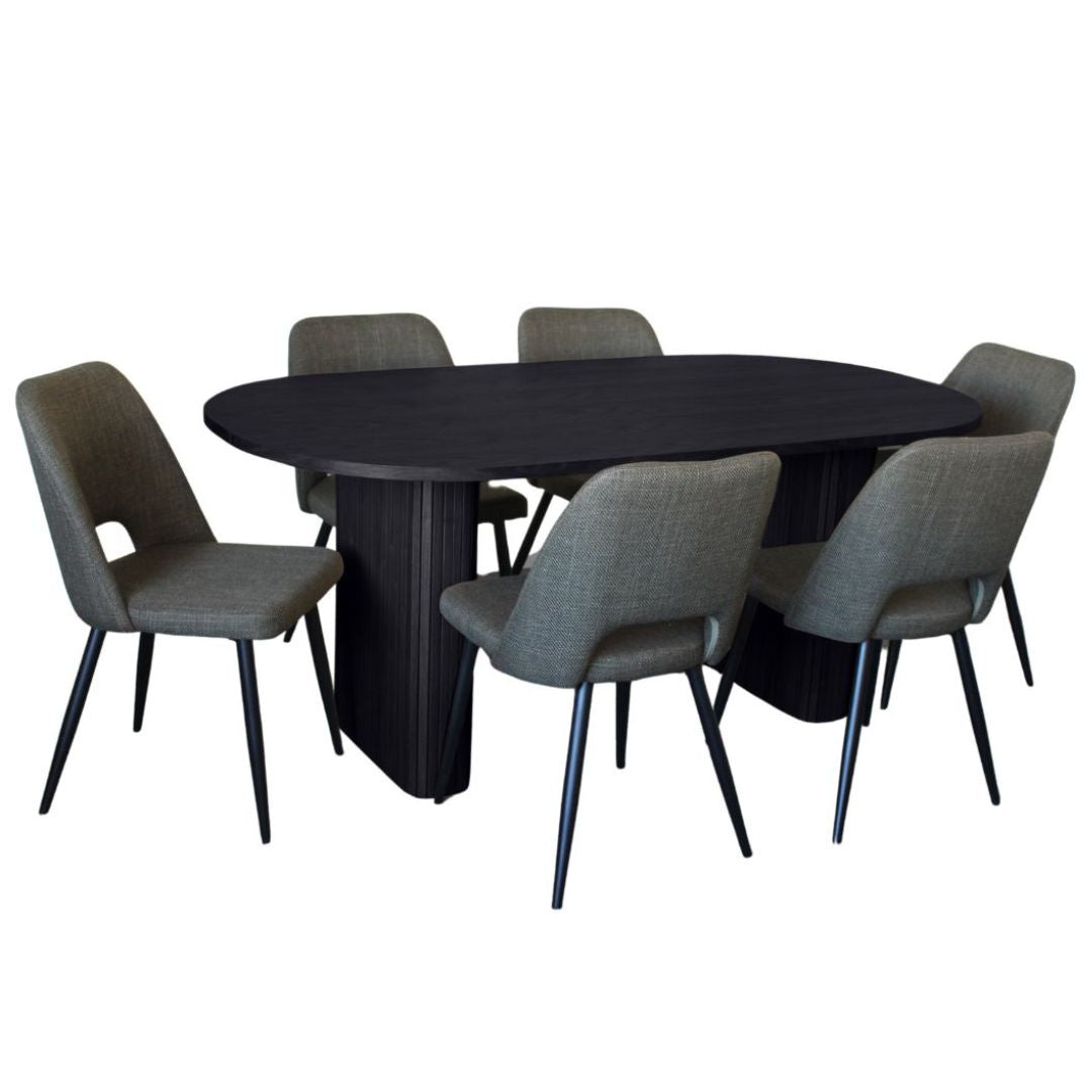 BT Melba 7 Pce Dining Black with Zara Fabric Chairs Set