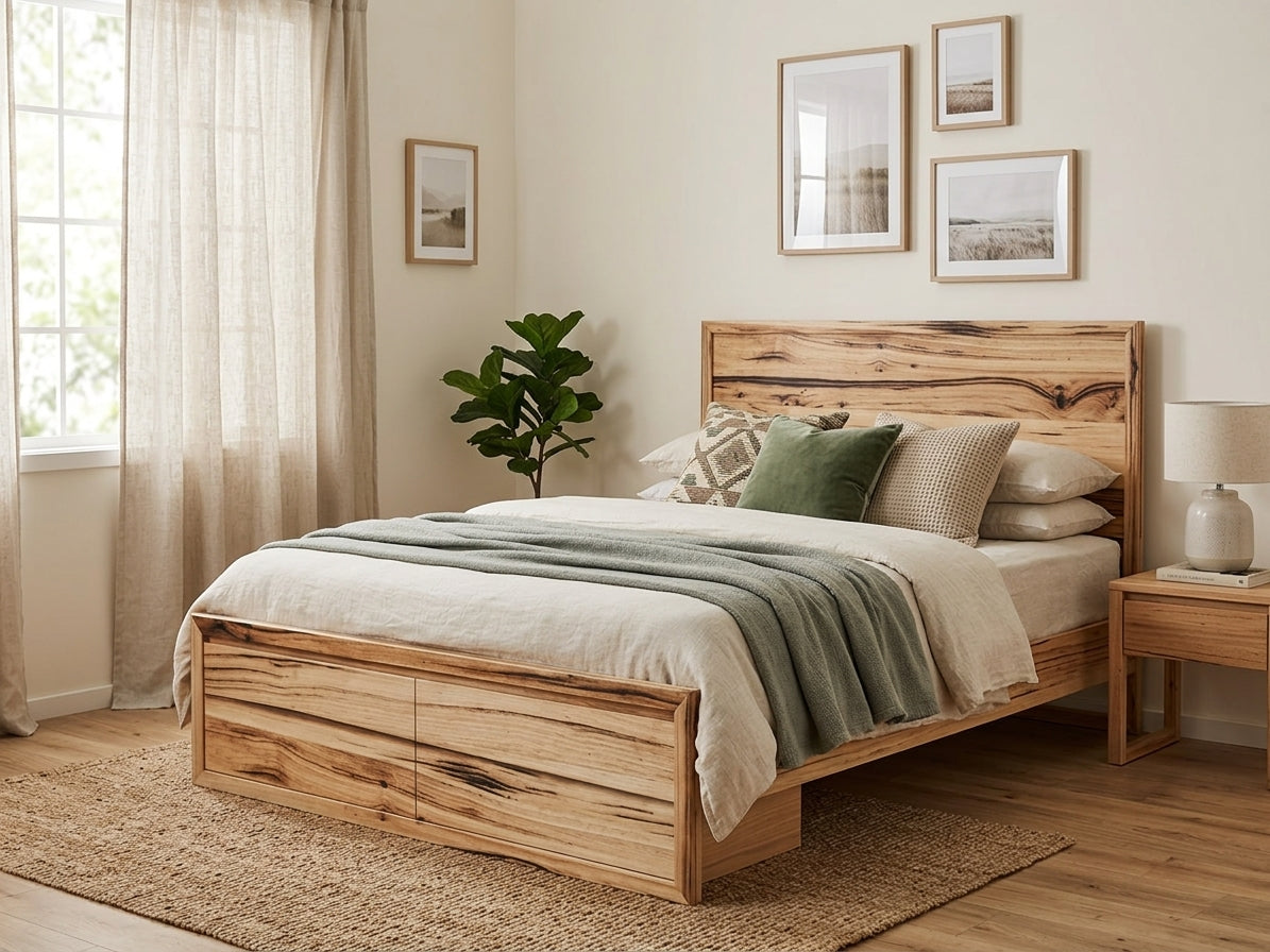 MD Bright Solid Timber King Bed with 2 Bedend Drawers