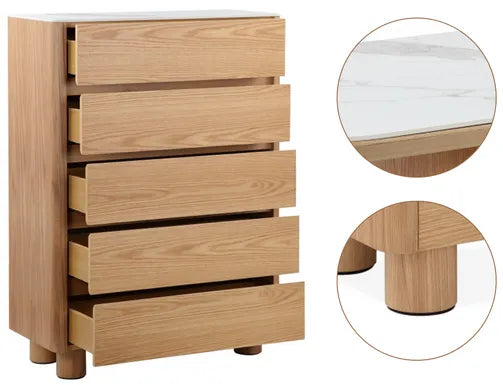 MD Calvin Solid Timber Ceramic Top 5 Drawer Tallboy