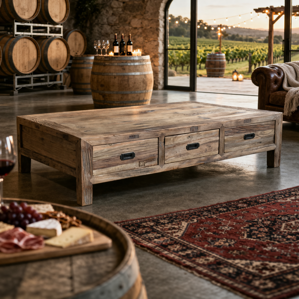 MF Recycled Elm Timber 6 Drawer Coffee Table