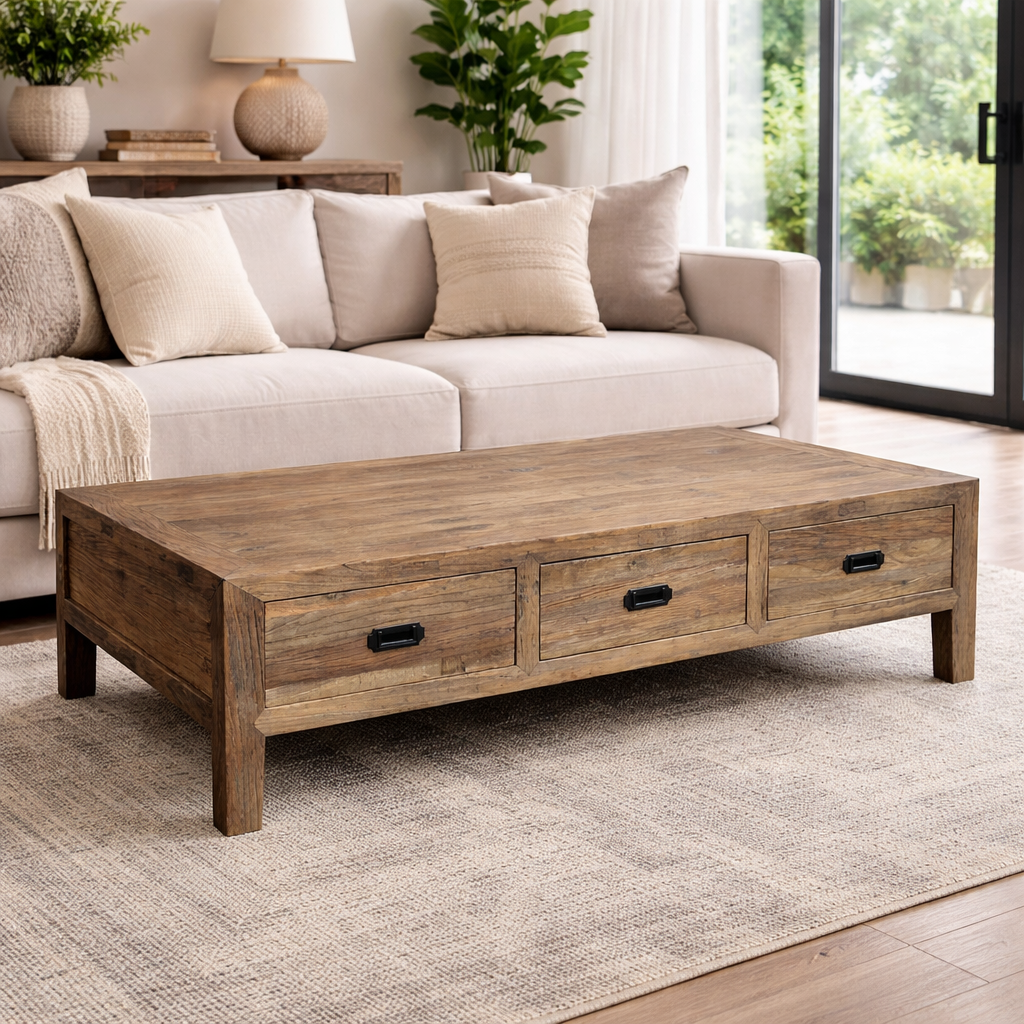 MF Recycled Elm Timber 6 Drawer Coffee Table