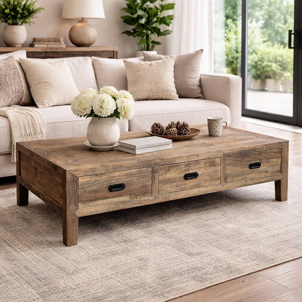 MF Recycled Elm Timber 6 Drawer Coffee Table