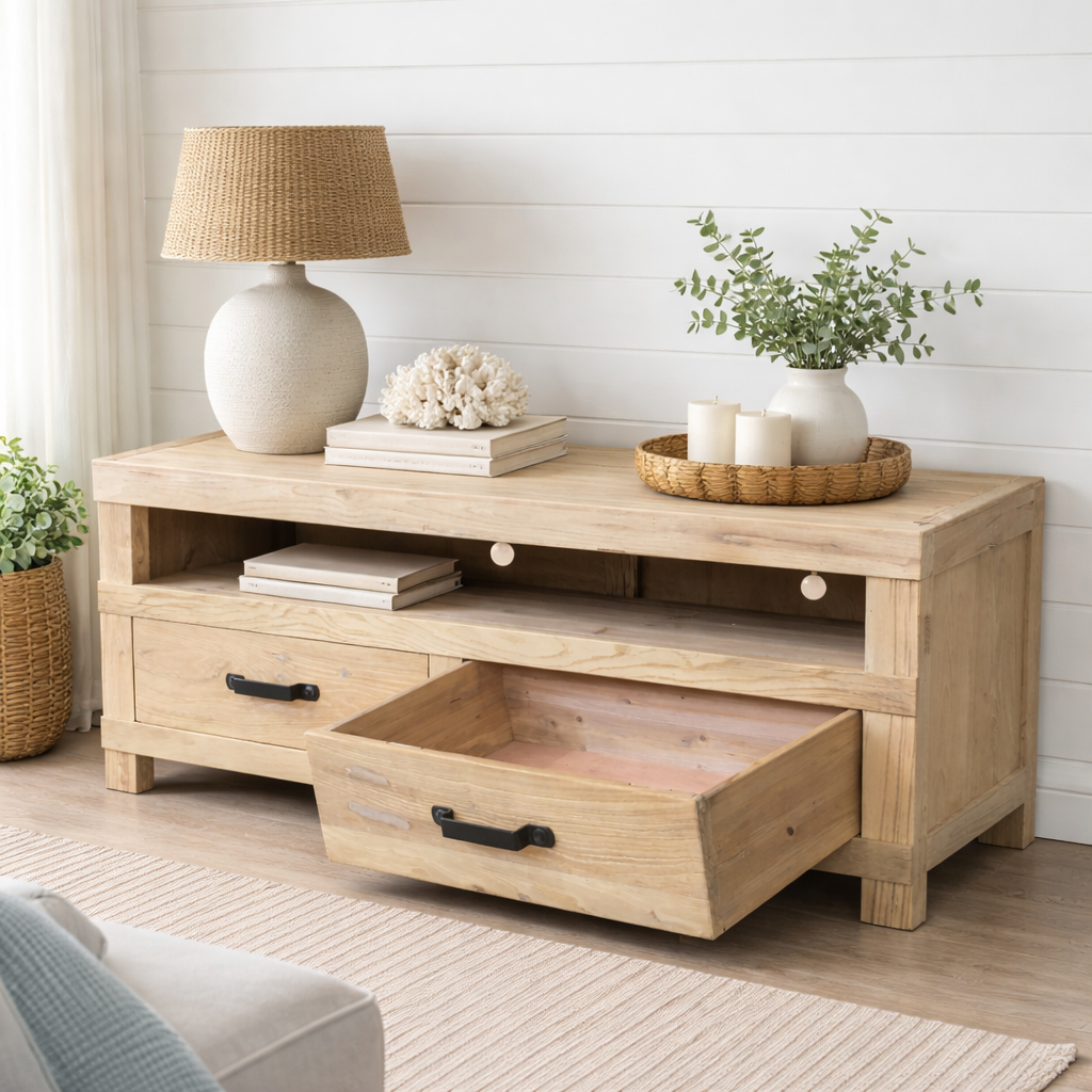 MF Industrial Iron Recycled Timber 2 Drawer Entertainment Unit