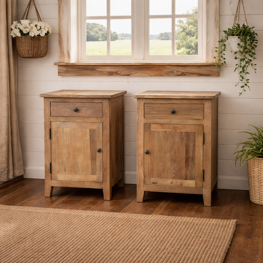 MF Recycled Elm Timber 1 Drawer 1 Door Bedside Cabinet