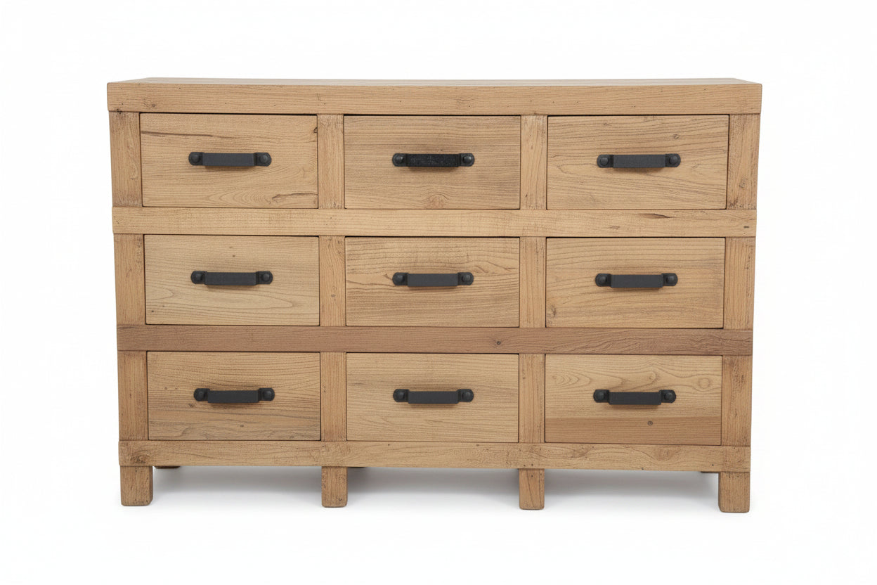 MF Industrial Iron Solid Timber 9 Drawer Sideboard
