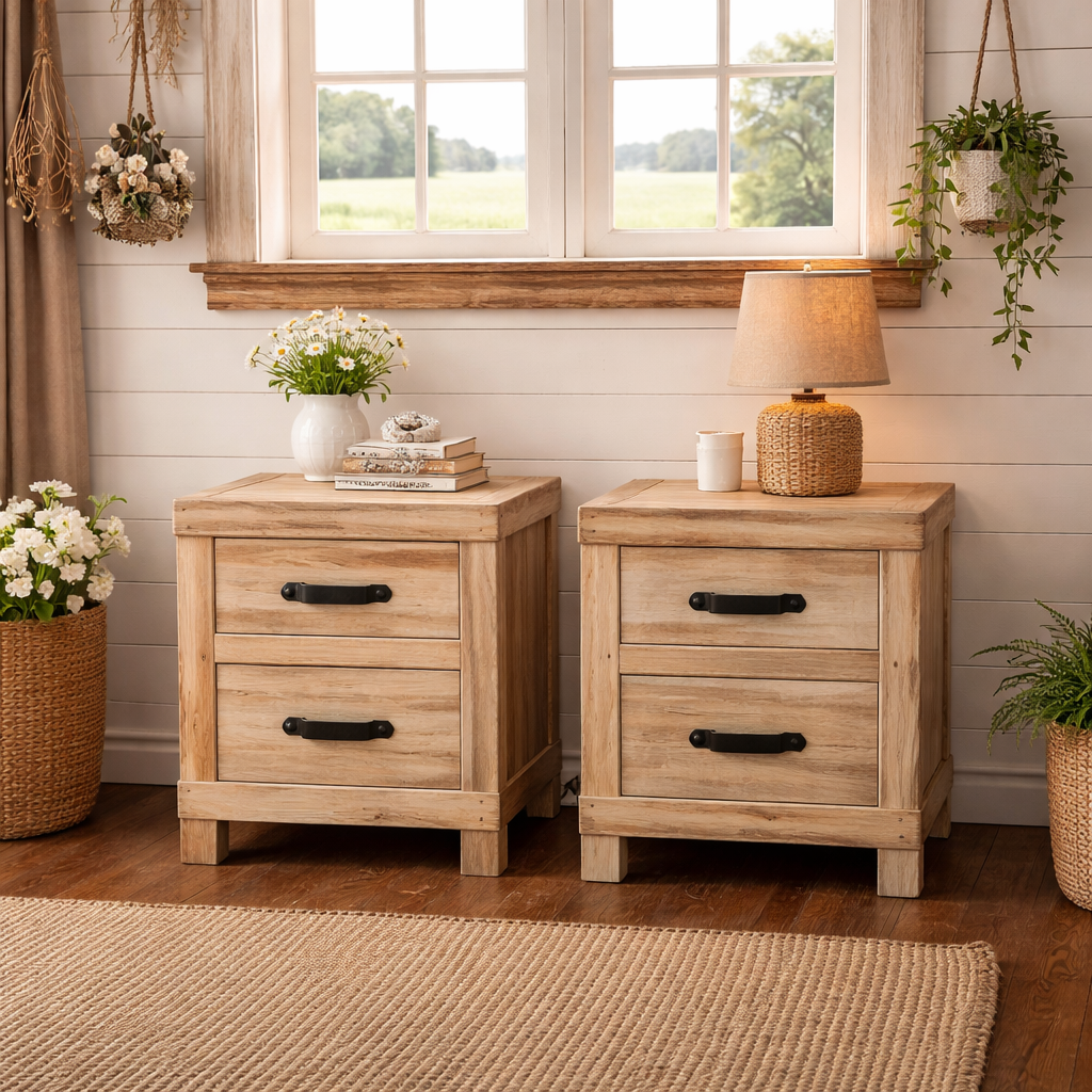 MF Industrial Iron Recycled Timber 2 Drawer Bedside Table