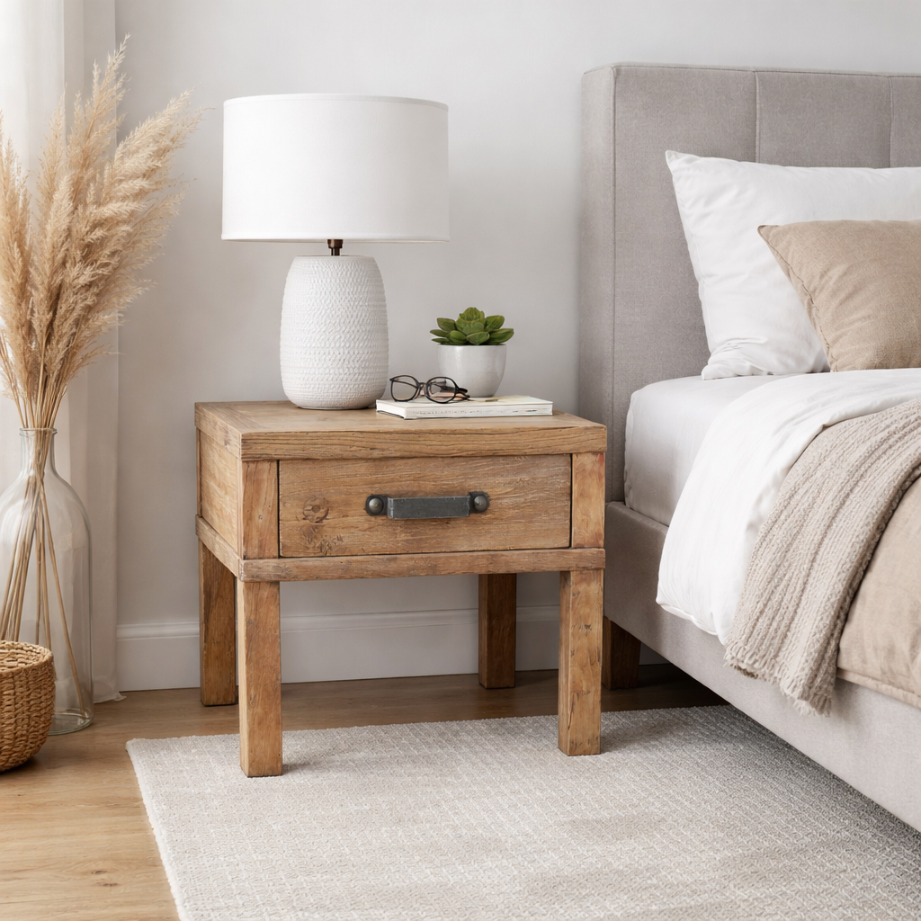MF Recycled Elm Timber 1 Drawer Lamp Table