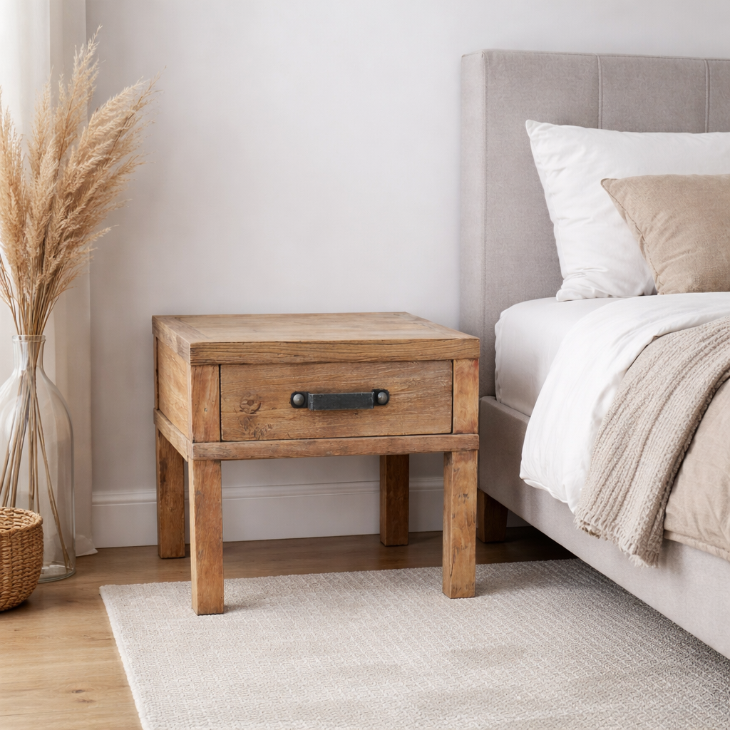 MF Recycled Elm Timber 1 Drawer Lamp Table
