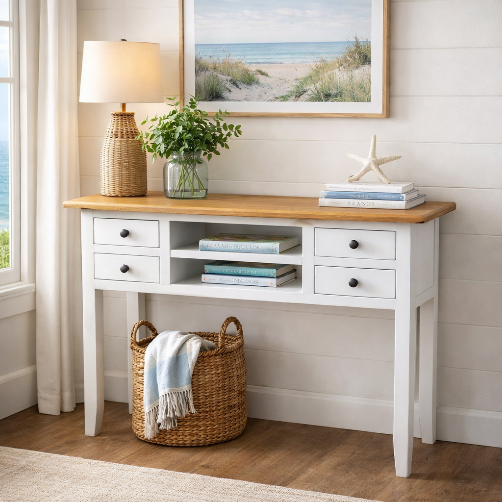 MF Bambi Recycled Elm Timber 4 Drawer 2 Shelf Hall Table