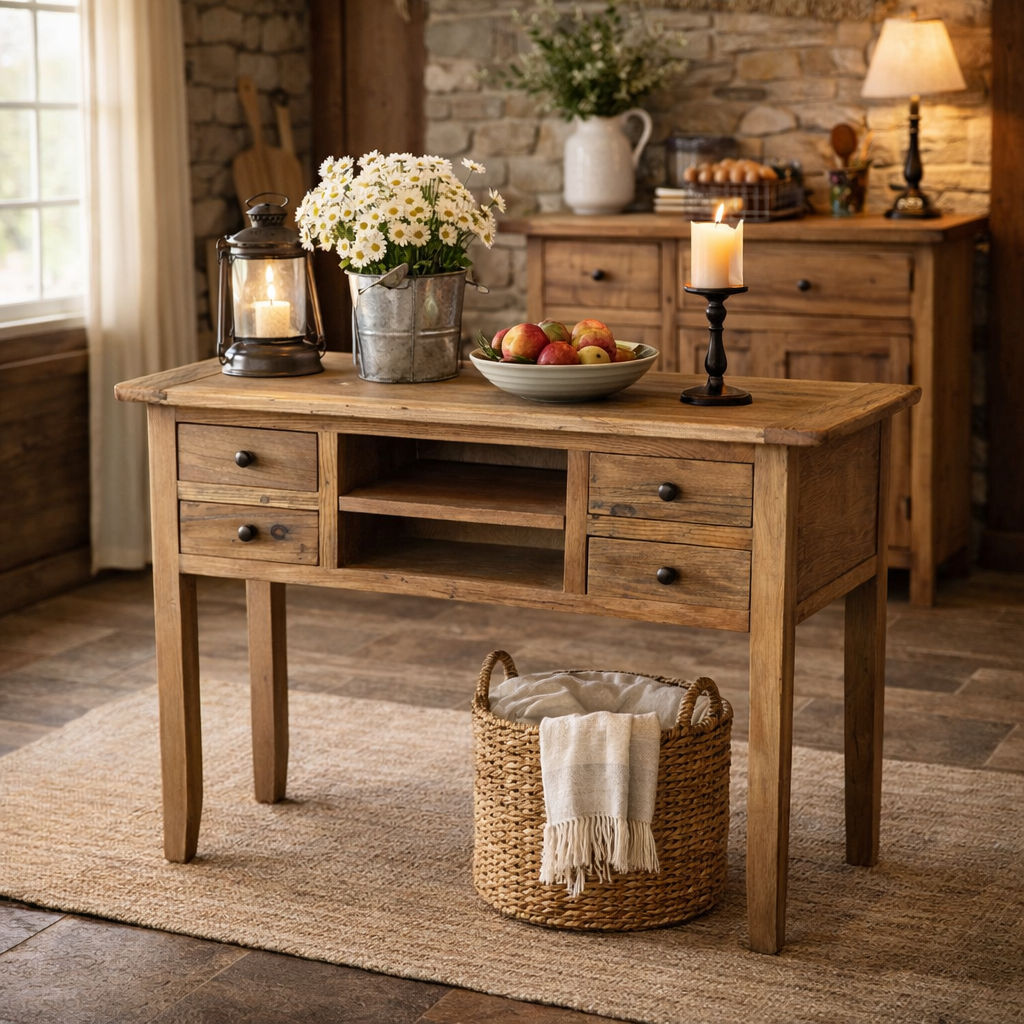 MF Bambi Recycled Elm Timber 4 Drawer 2 Shelf Hall Table