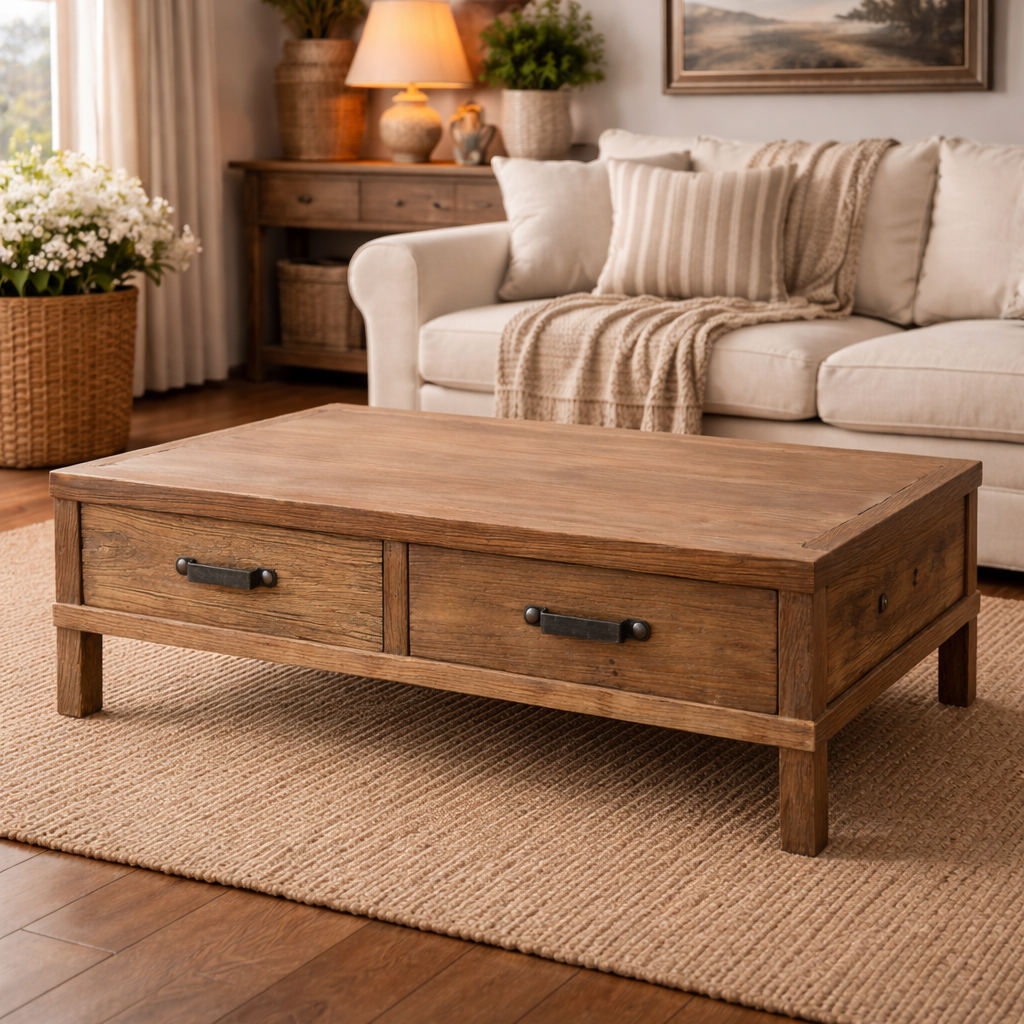 MF Recycled Elm Timber 2 Drawer Coffee Table