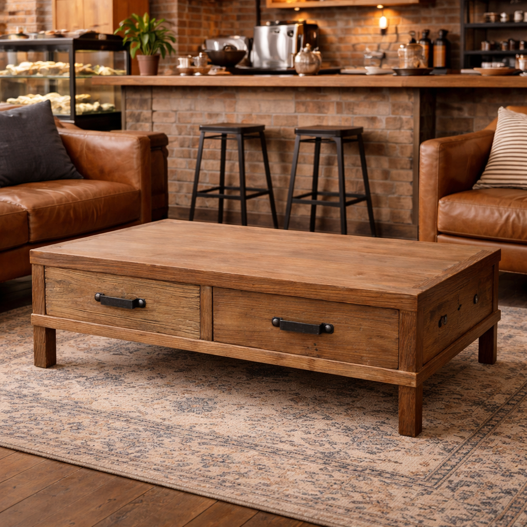 MF Recycled Elm Timber 2 Drawer Coffee Table