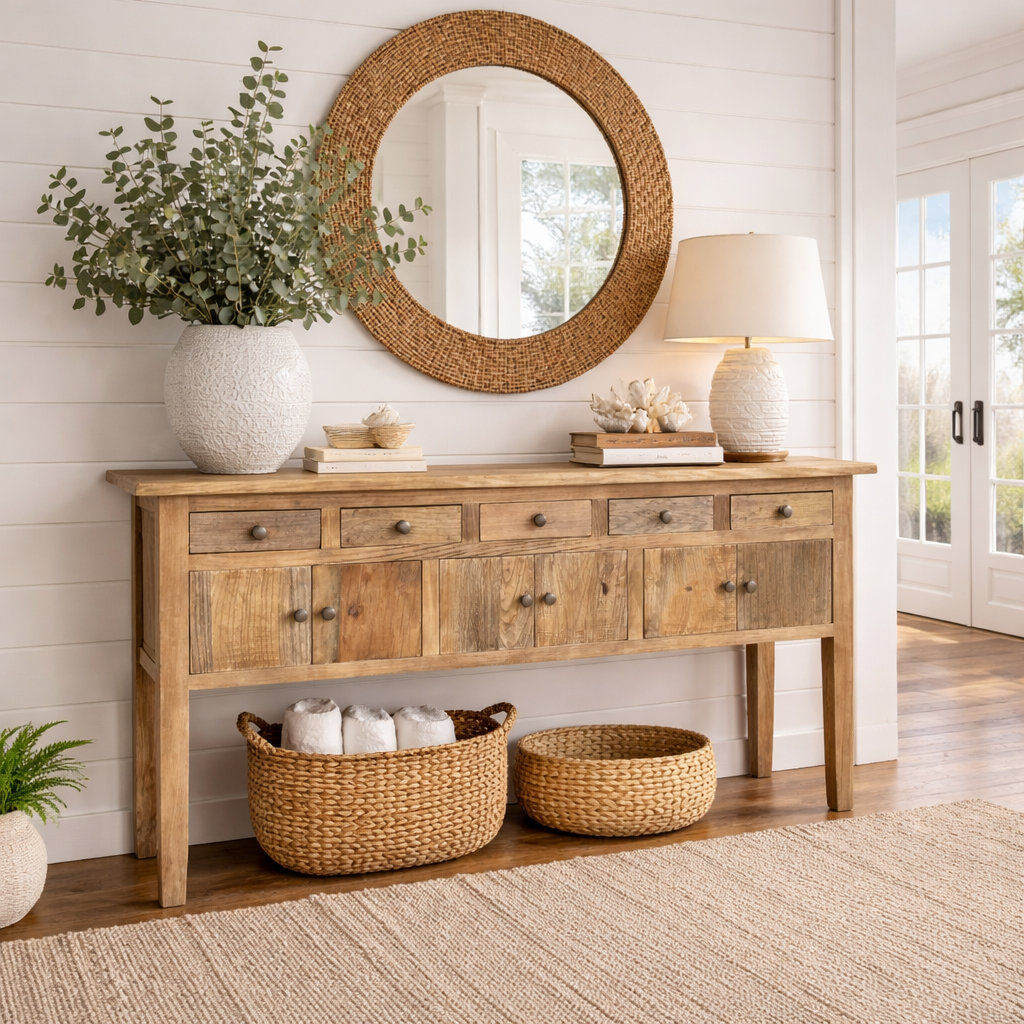 MF Rudolph Recycled Timber 5 Drawer 6 Door Hall Table