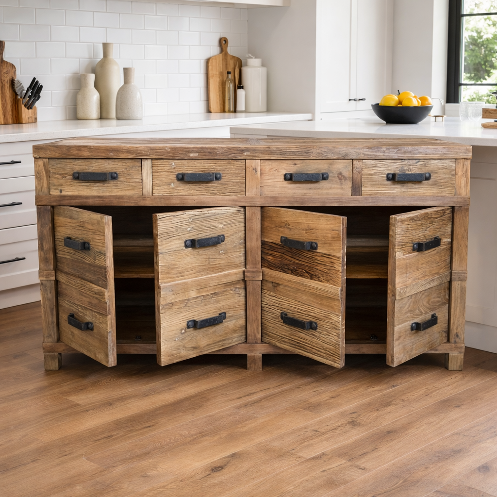 MF Recycled Elm Timber 4 Drawer 4 Door Sideboard