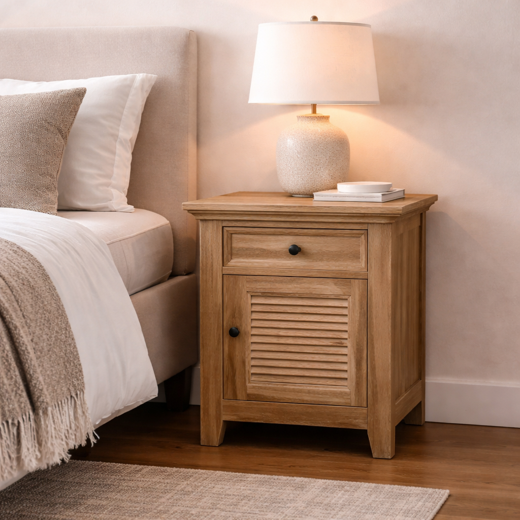 MF Recycled Elm Louvre Bedside Cabinet with 1 Drawer and Door