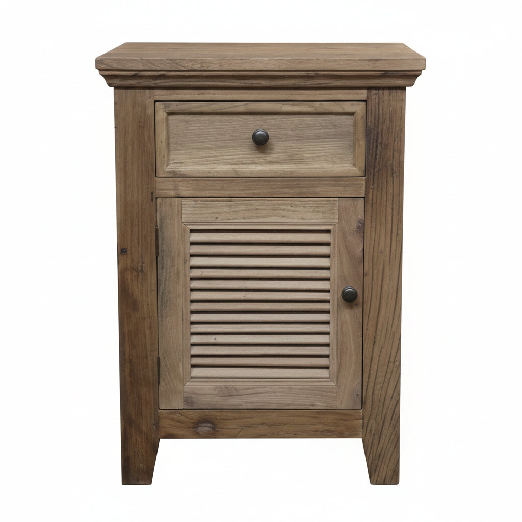 MF Recycled Elm Louvre Bedside Cabinet with 1 Drawer and Door