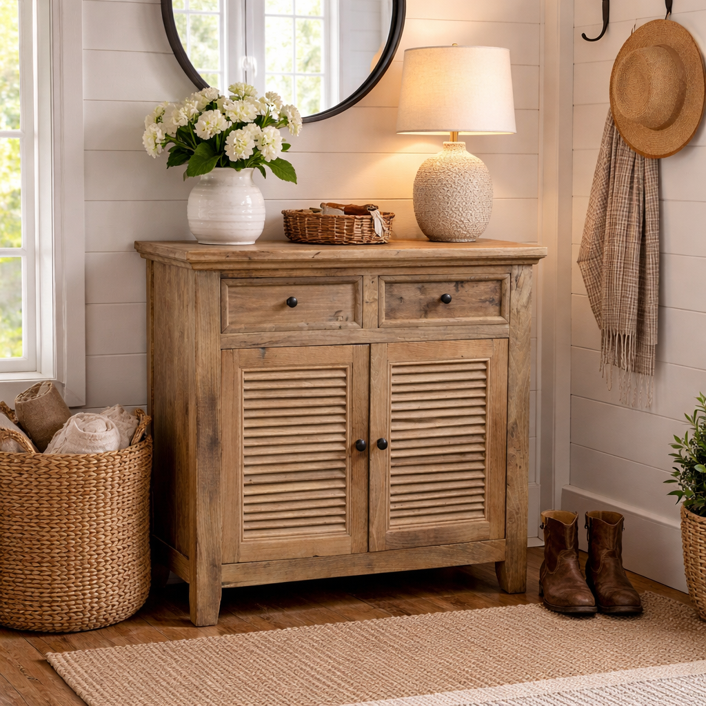 MF Recycled Elm Timber Rustic Louvre 2 Drawer 2 Door Cabinet
