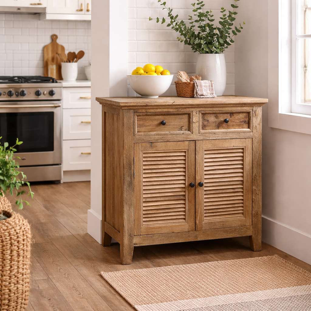 MF Recycled Elm Timber Rustic Louvre 2 Drawer 2 Door Cabinet