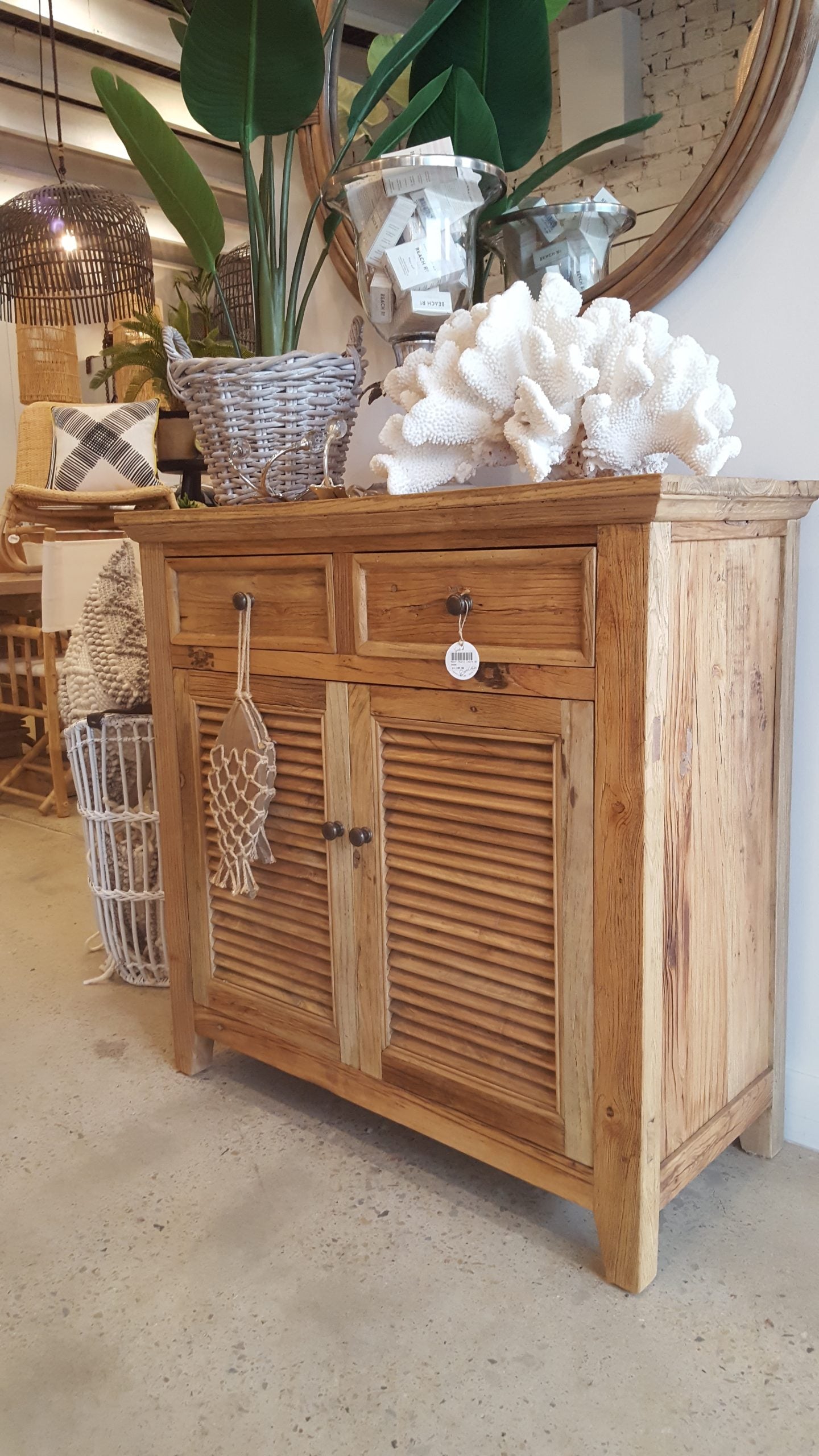 MF Recycled Elm Timber Rustic Louvre 2 Drawer 2 Door Cabinet