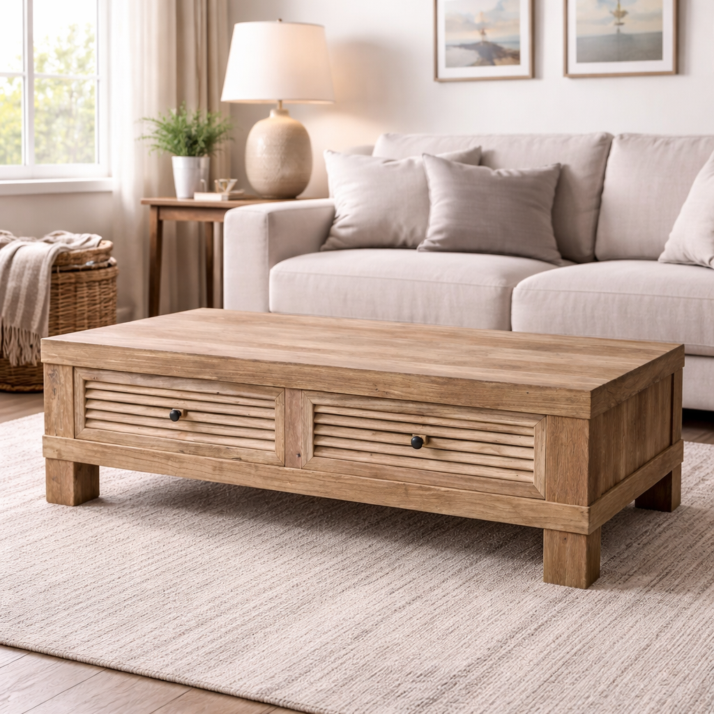 MF Recycled Elmwood Rustic Louvre 2 Drawer Coffee Table