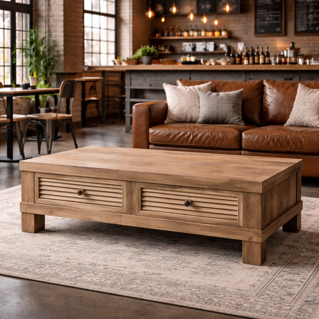 MF Recycled Elmwood Rustic Louvre 2 Drawer Coffee Table