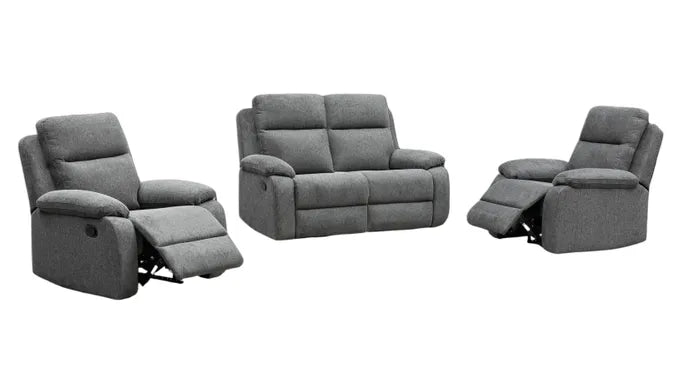 EL Rossie Fabric Upholstered 2 Seater + 2 Single Recliners Suite