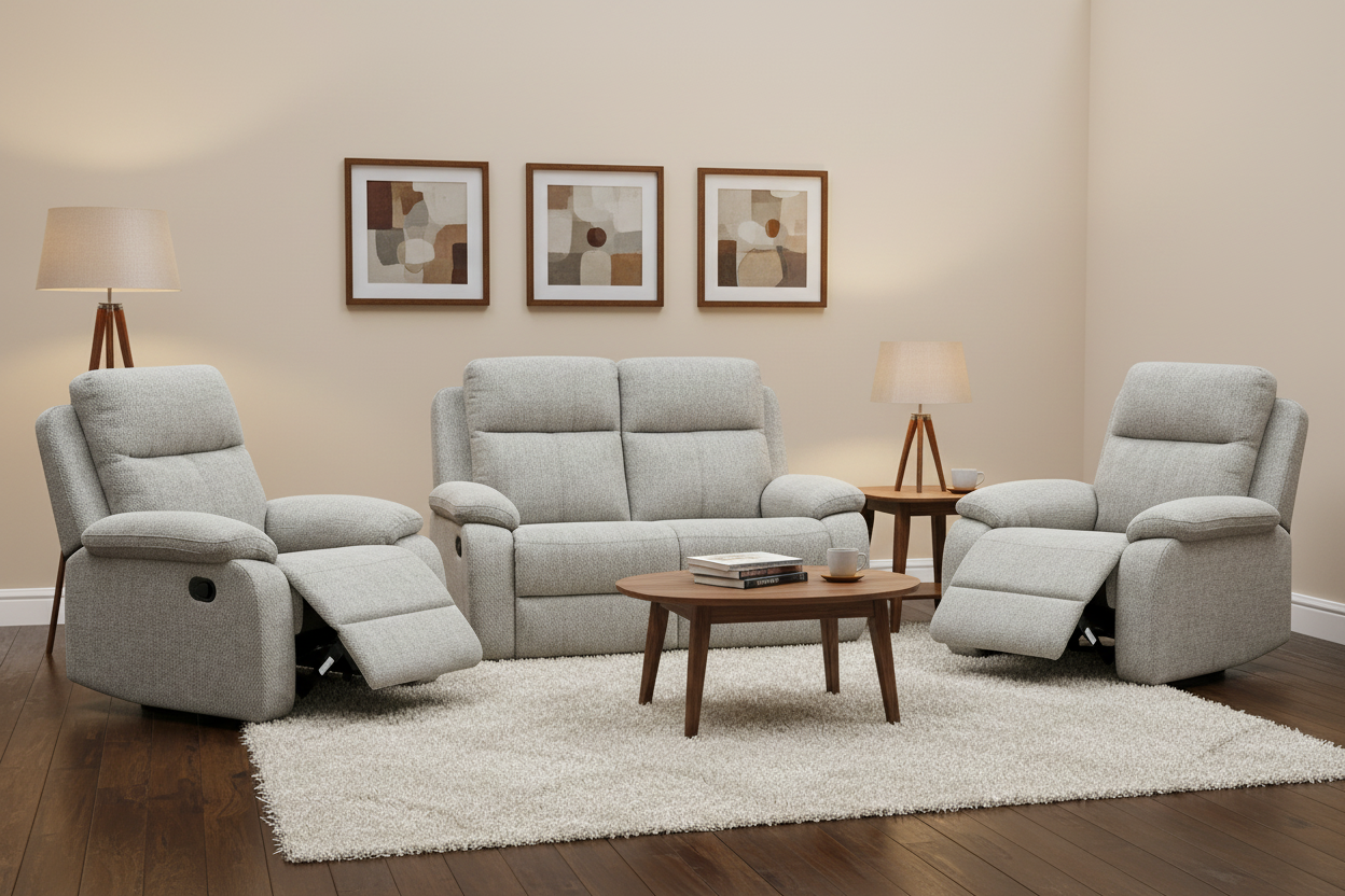 EL Rossie Fabric Upholstered 2 Seater + 2 Single Recliners Suite