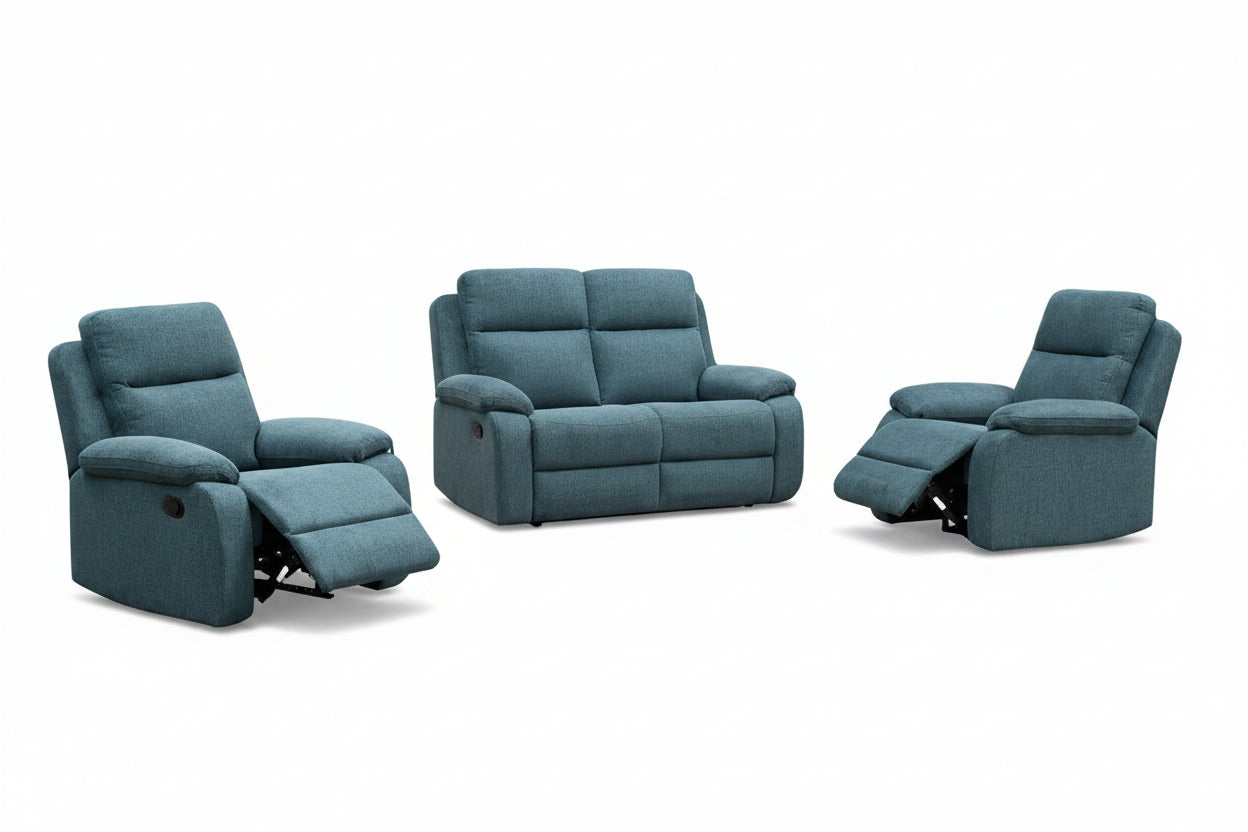 EL Rossie Fabric Upholstered 2 Seater + 2 Single Recliners Suite