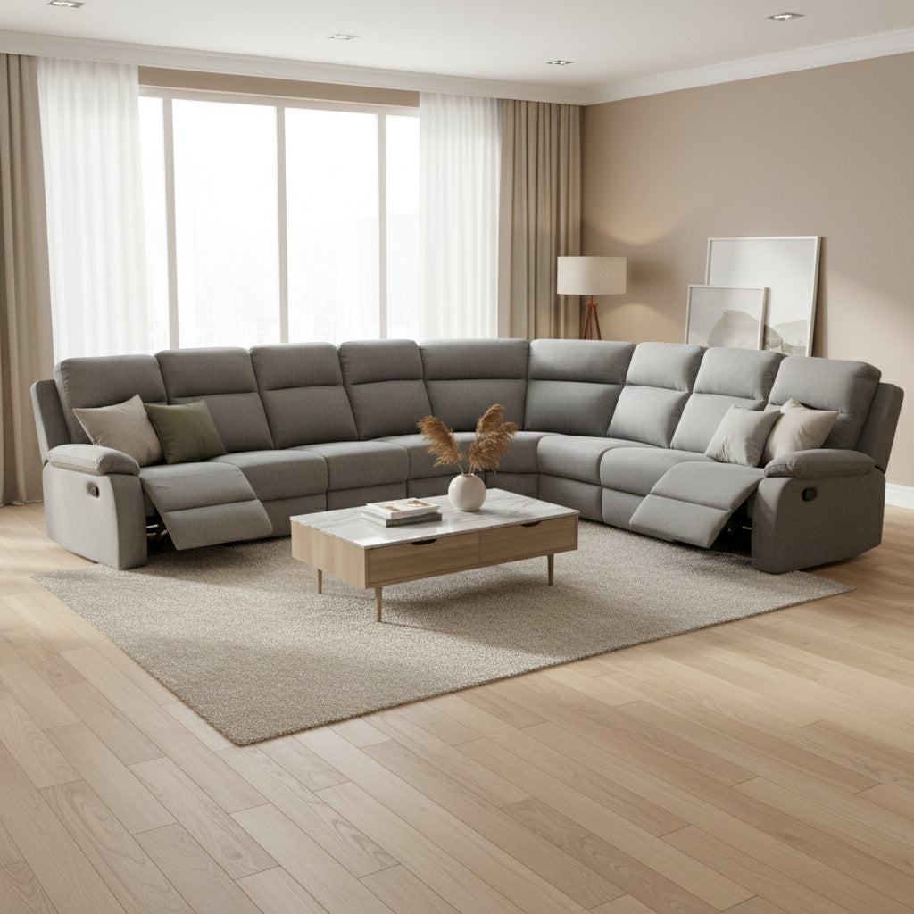 EL Rossie Fabric Upholstered 6 Seater Corner Recliners Lounge Suite