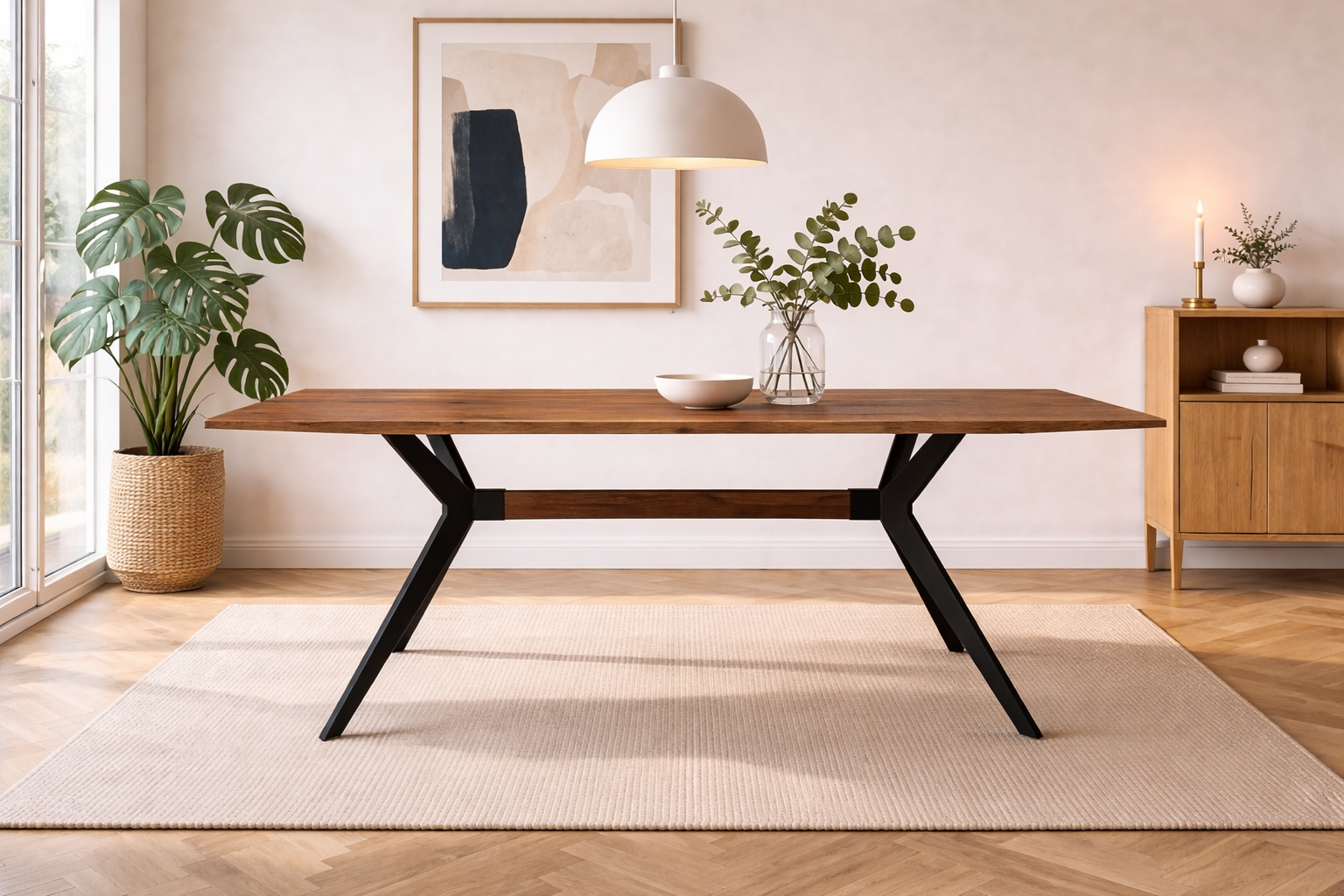 MF Cross Timber Top Metal Framed Dining Table