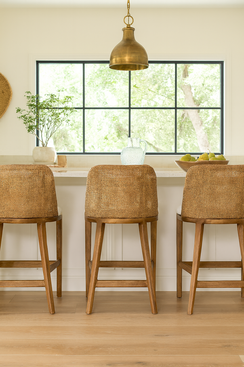 CR Tampa Timber Framed Rattan Back Fabric Seat Counter Stool