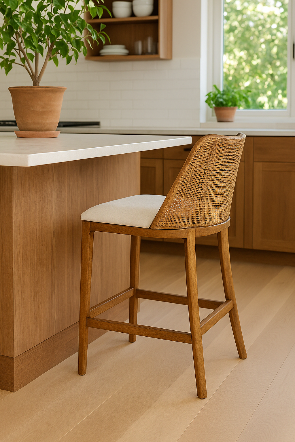 CR Tampa Timber Framed Rattan Back Fabric Seat Counter Stool