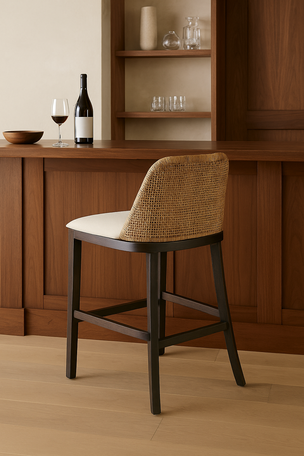CR Tampa Timber Framed Rattan Back Fabric Seat Counter Stool