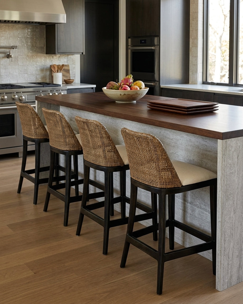 CR Tampa Timber Framed Rattan Back Fabric Seat Counter Stool